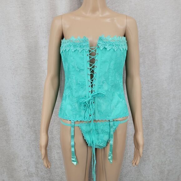 Frederick's of Hollywood Y2K Teal Mint Lace Up Corset Bustier and Matching Thong - Picture 1 of 12